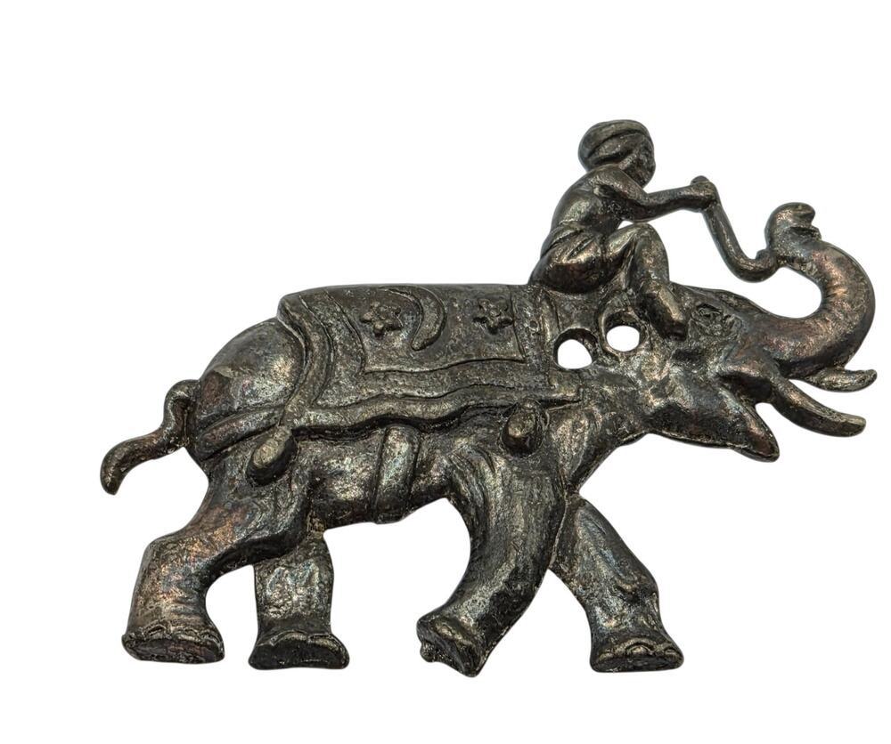 Vintage Elephant Rider Brooch Lucky Raised Trunk Figural Pin